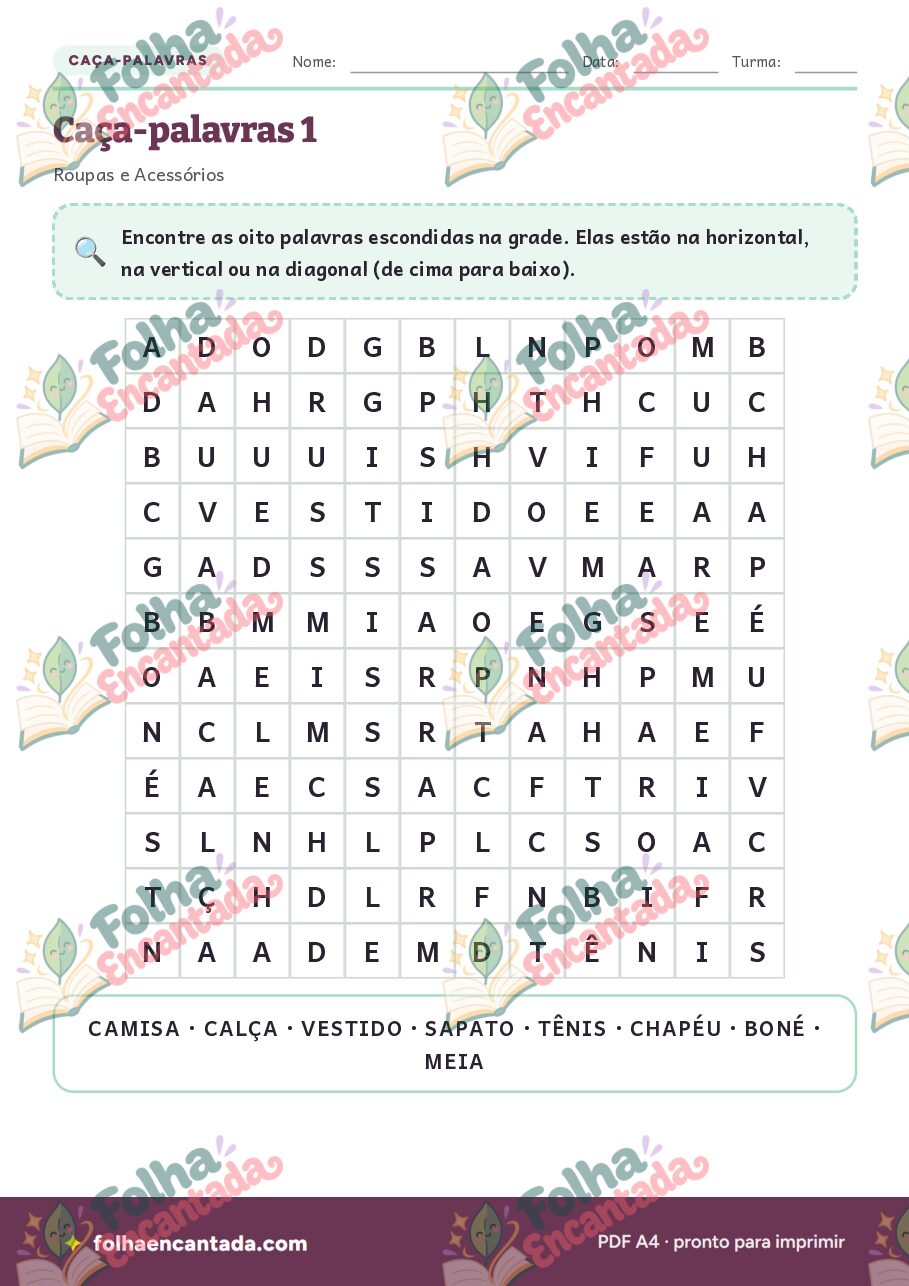 Prévia da página 2 de Caça-palavras: Roupas e Acessórios