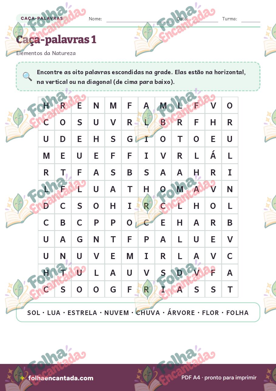 Prévia da página 2 de Caça-palavras: Elementos da Natureza