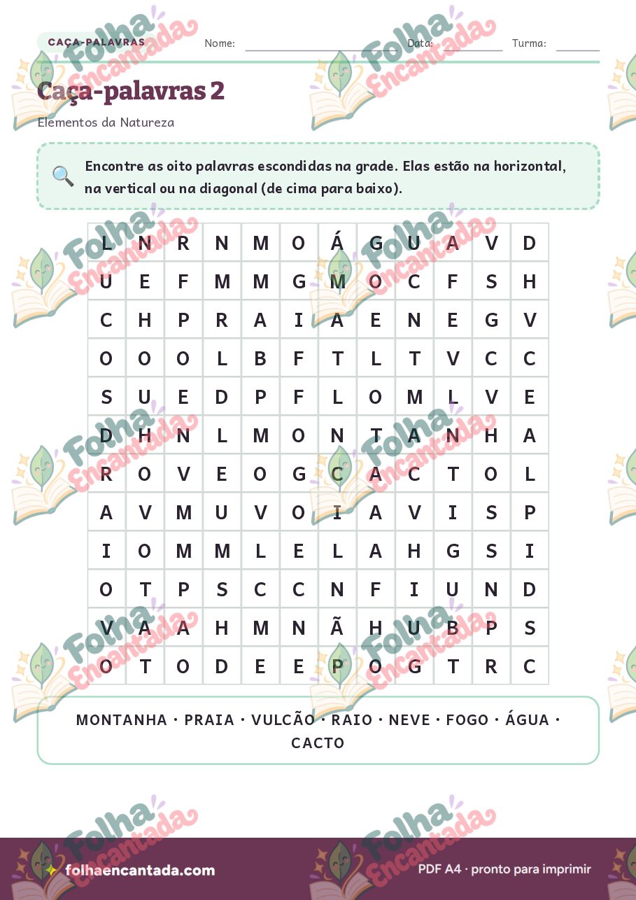 Prévia da página 3 de Caça-palavras: Elementos da Natureza