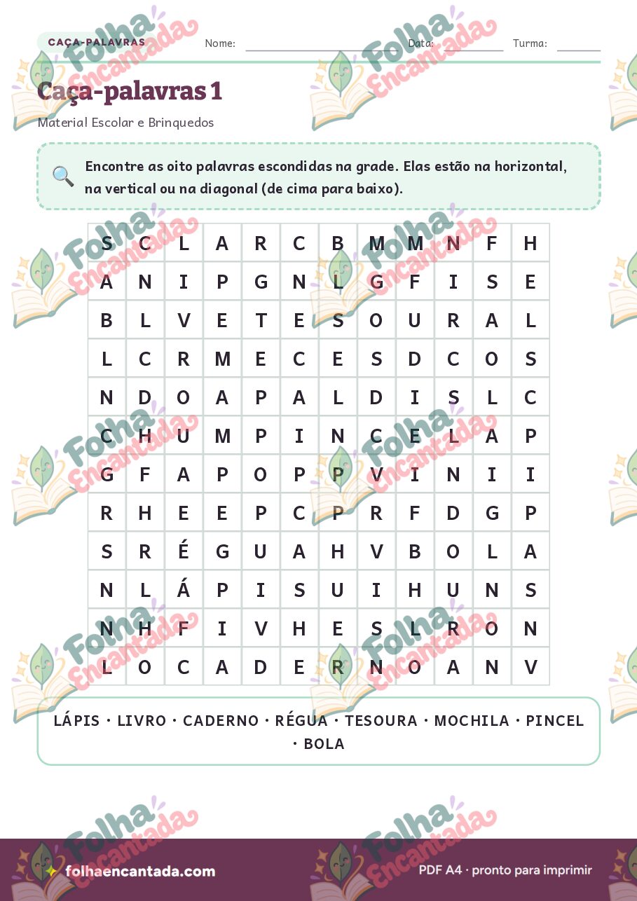 Prévia da página 2 de Caça-palavras: Material Escolar e Brinquedos