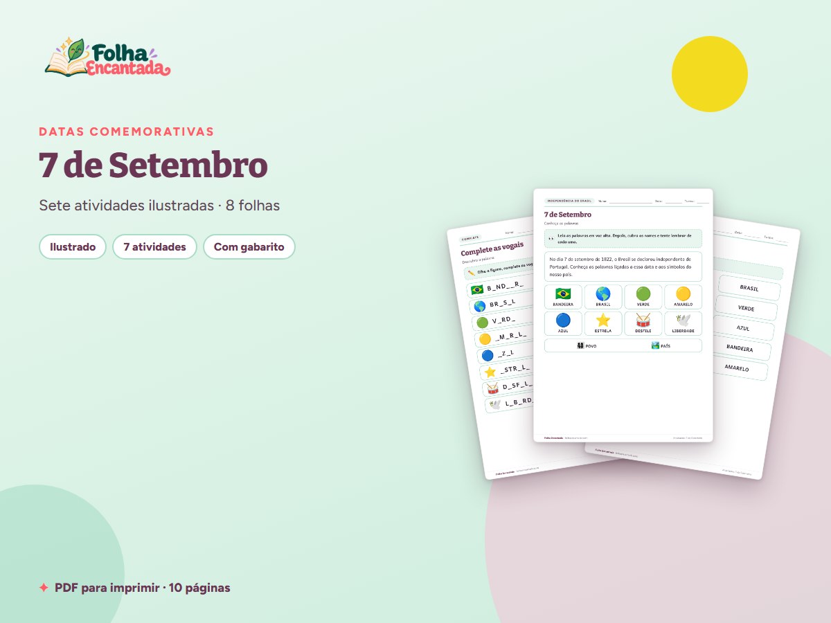 Capa da atividade 7 de Setembro: Atividades e Bandeira do Brasil