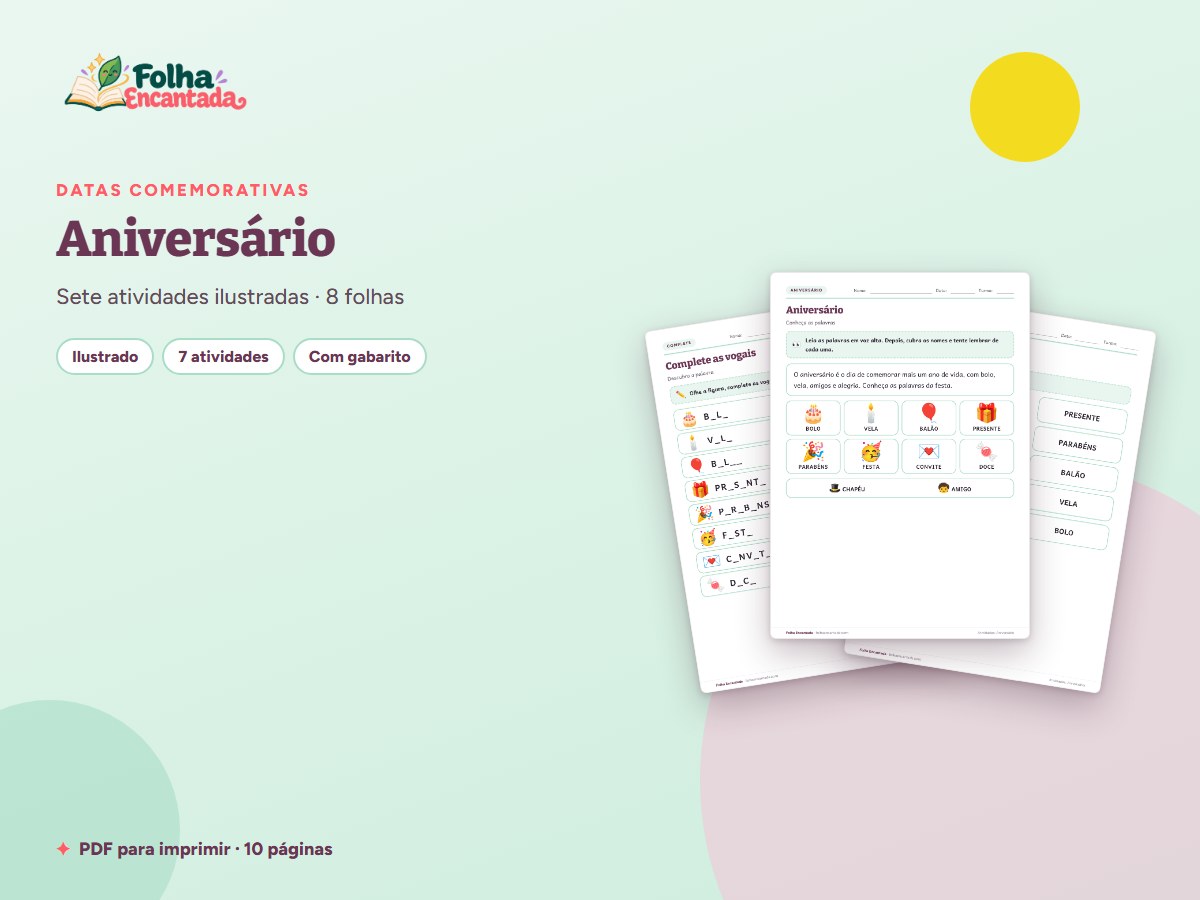 Capa da atividade Aniversário: Atividades de Vocabulário e Convite