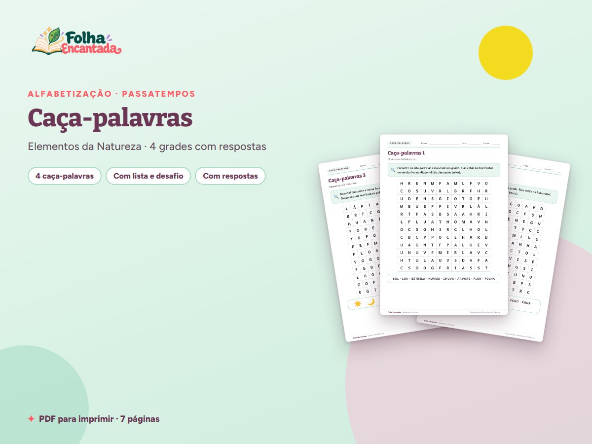 Capa da atividade Caça-palavras: Elementos da Natureza