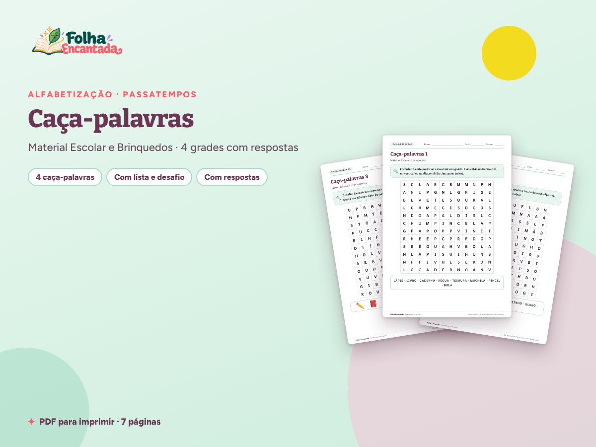 Capa da atividade Caça-palavras: Material Escolar e Brinquedos