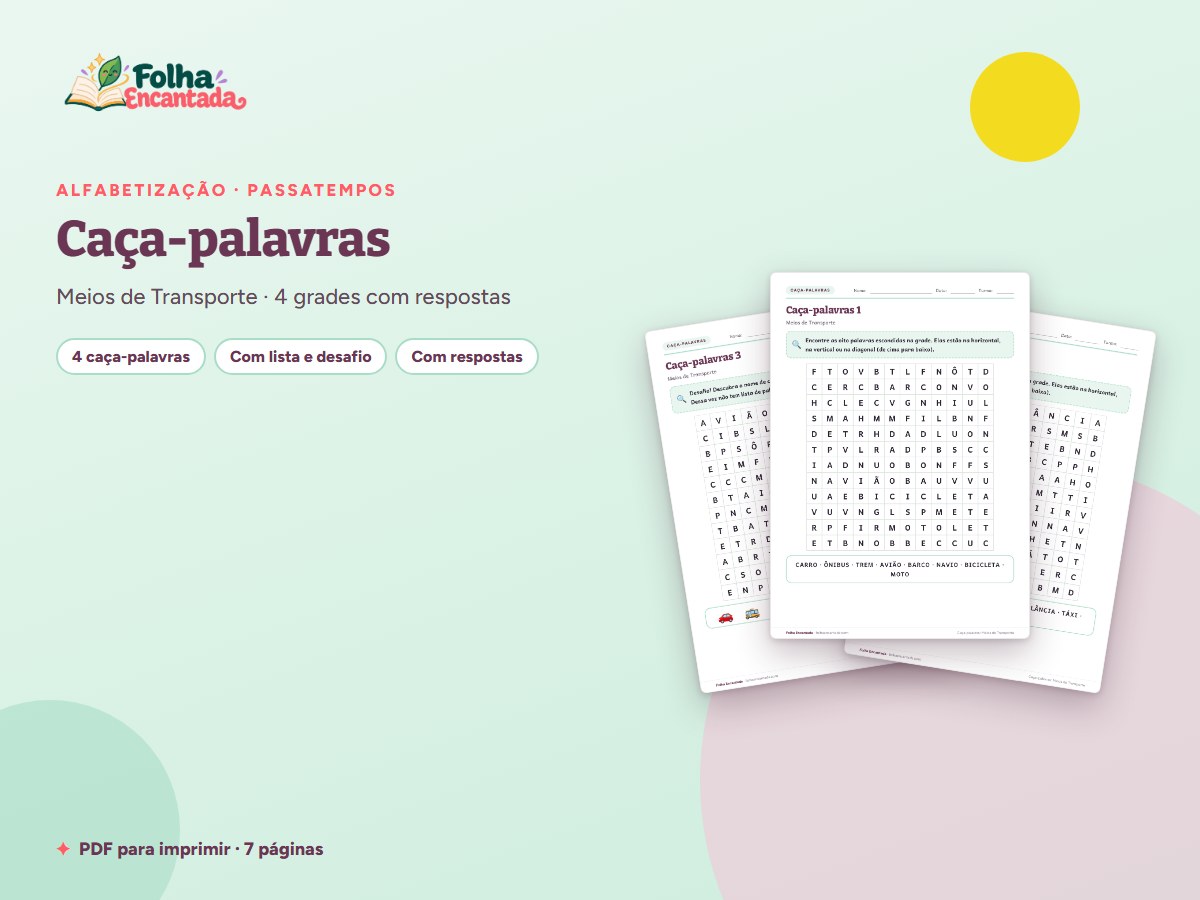 Capa da atividade Caça-palavras: Meios de Transporte