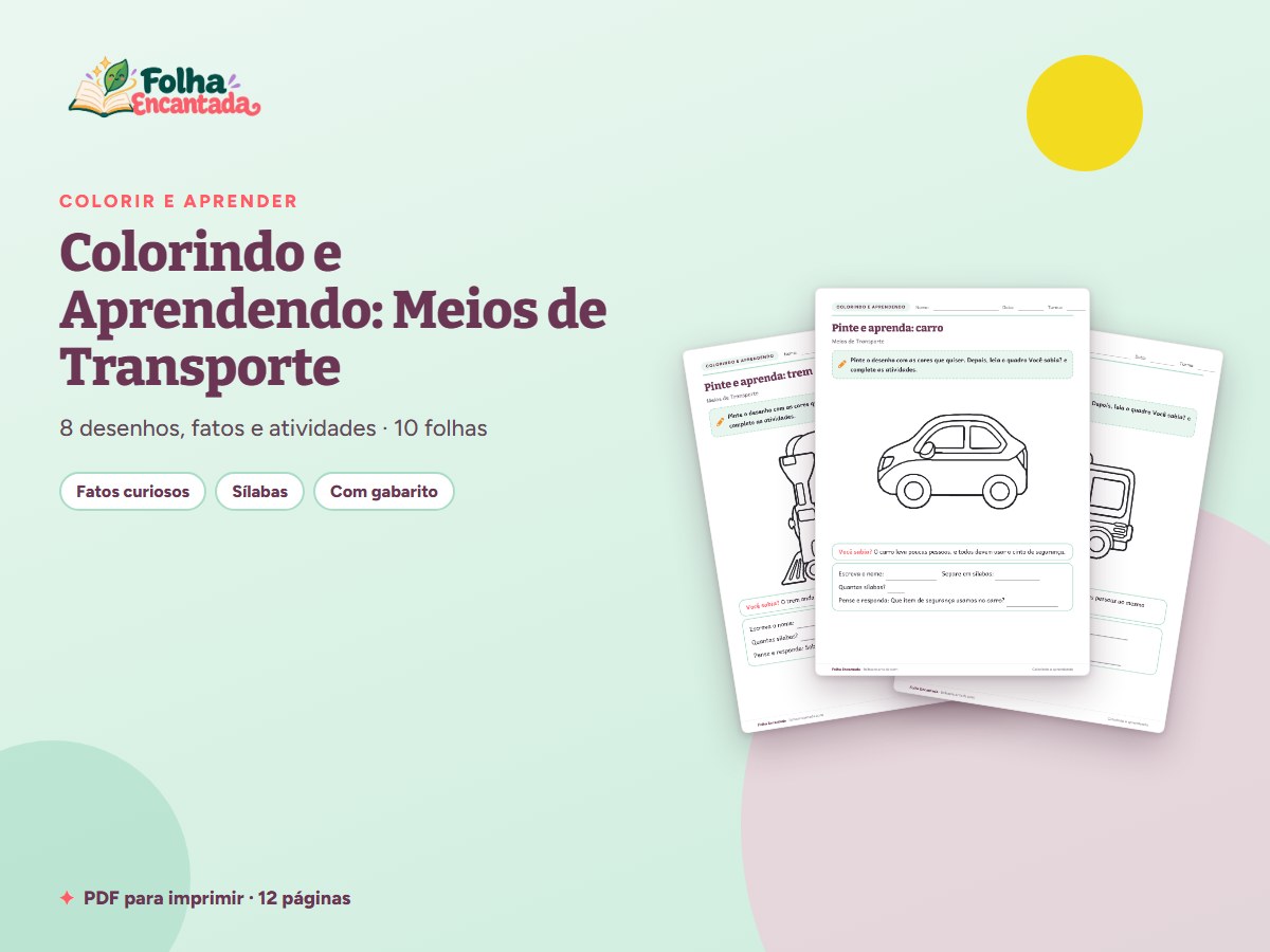 Capa da atividade Colorindo e Aprendendo: Meios de Transporte