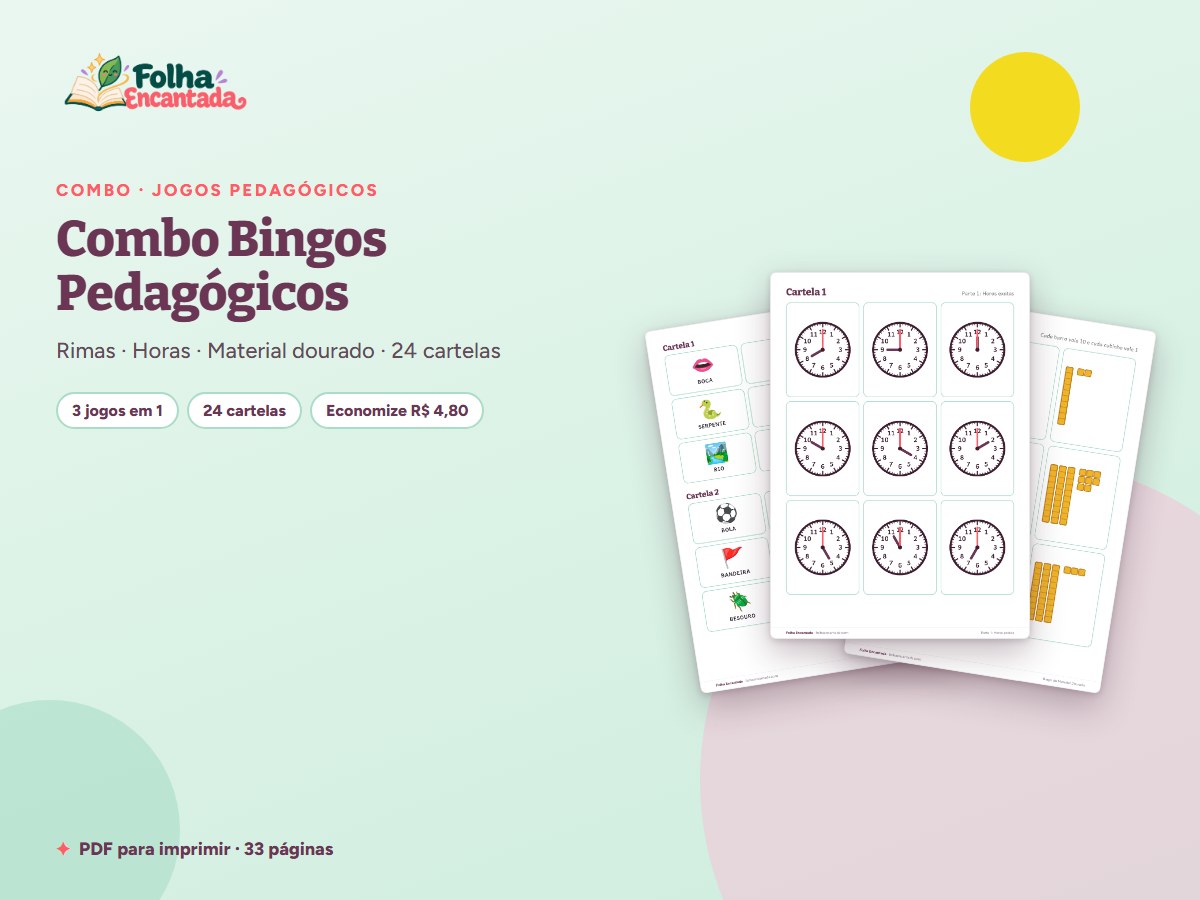 Capa da atividade Combo Bingos Pedagógicos: Rimas, Horas e Material Dourado