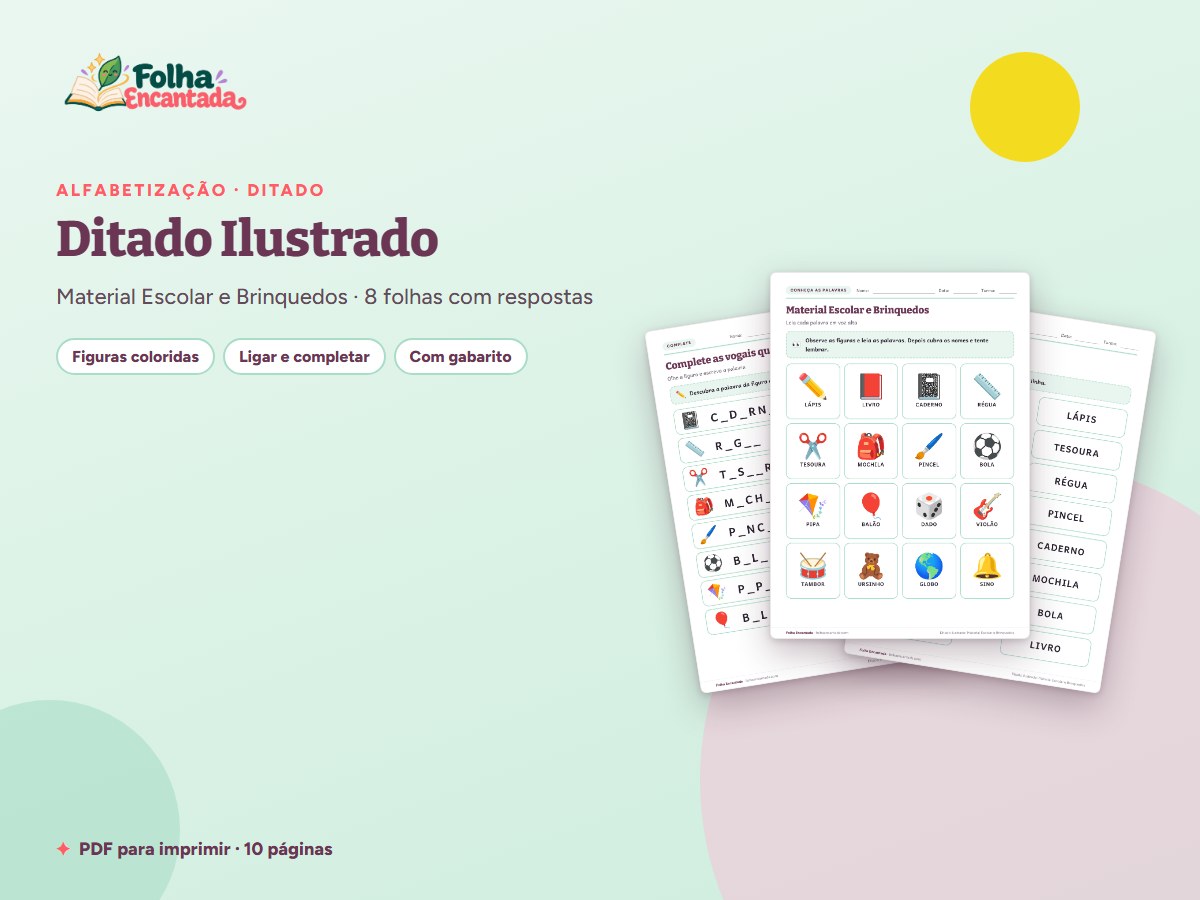 Capa da atividade Ditado Ilustrado: Material Escolar e Brinquedos