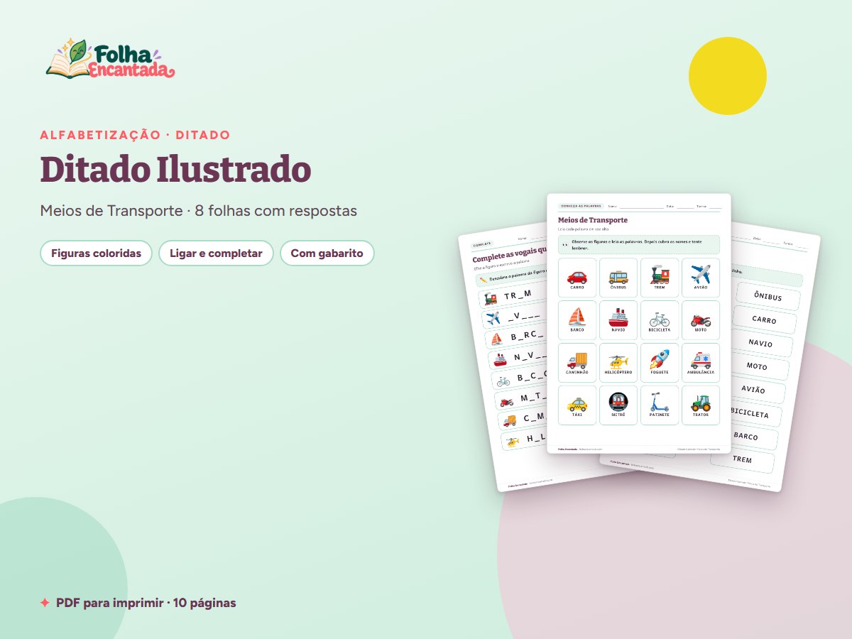 Capa da atividade Ditado Ilustrado: Meios de Transporte