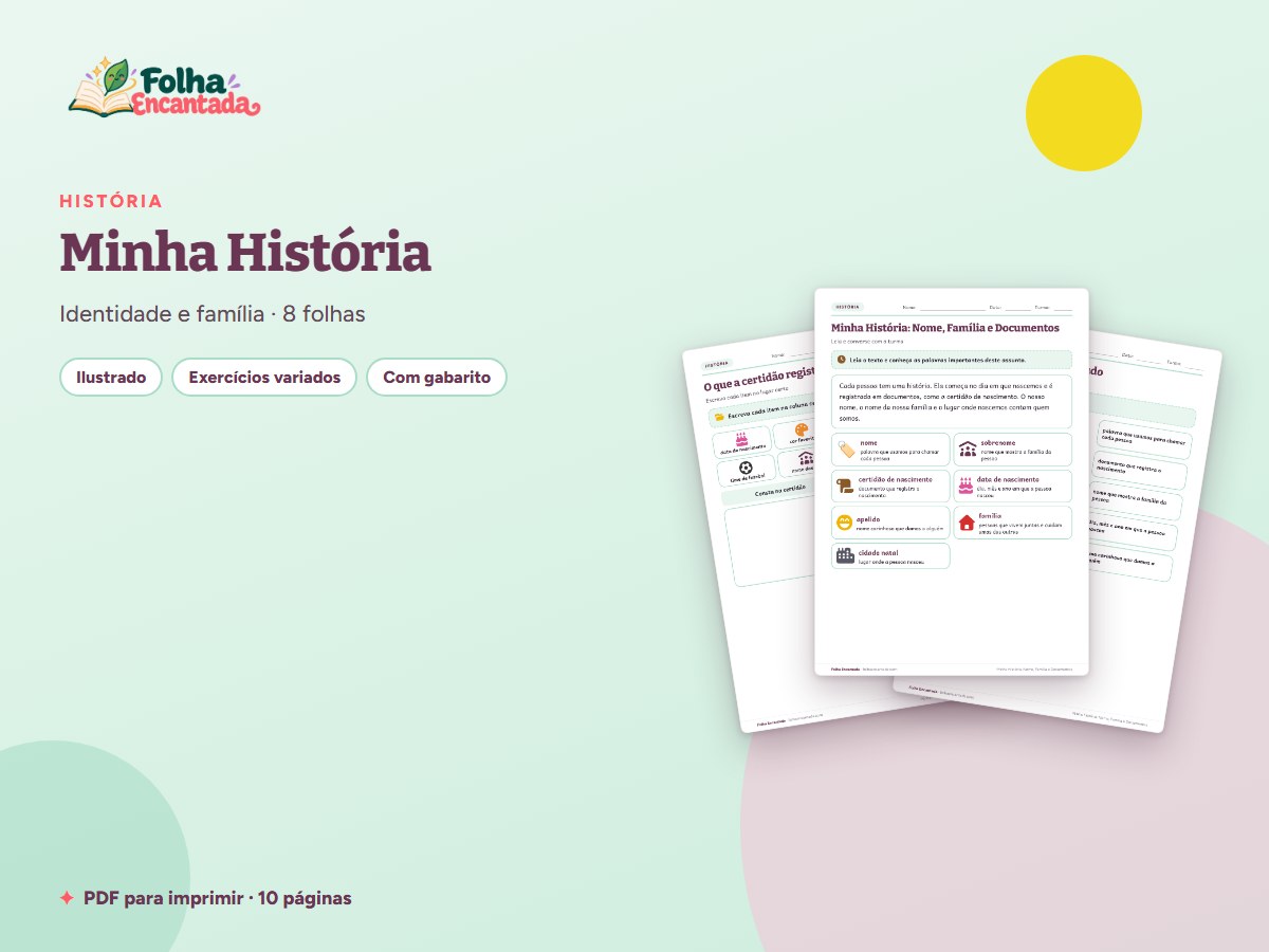 Capa da atividade Minha História: Nome, Família e Documentos