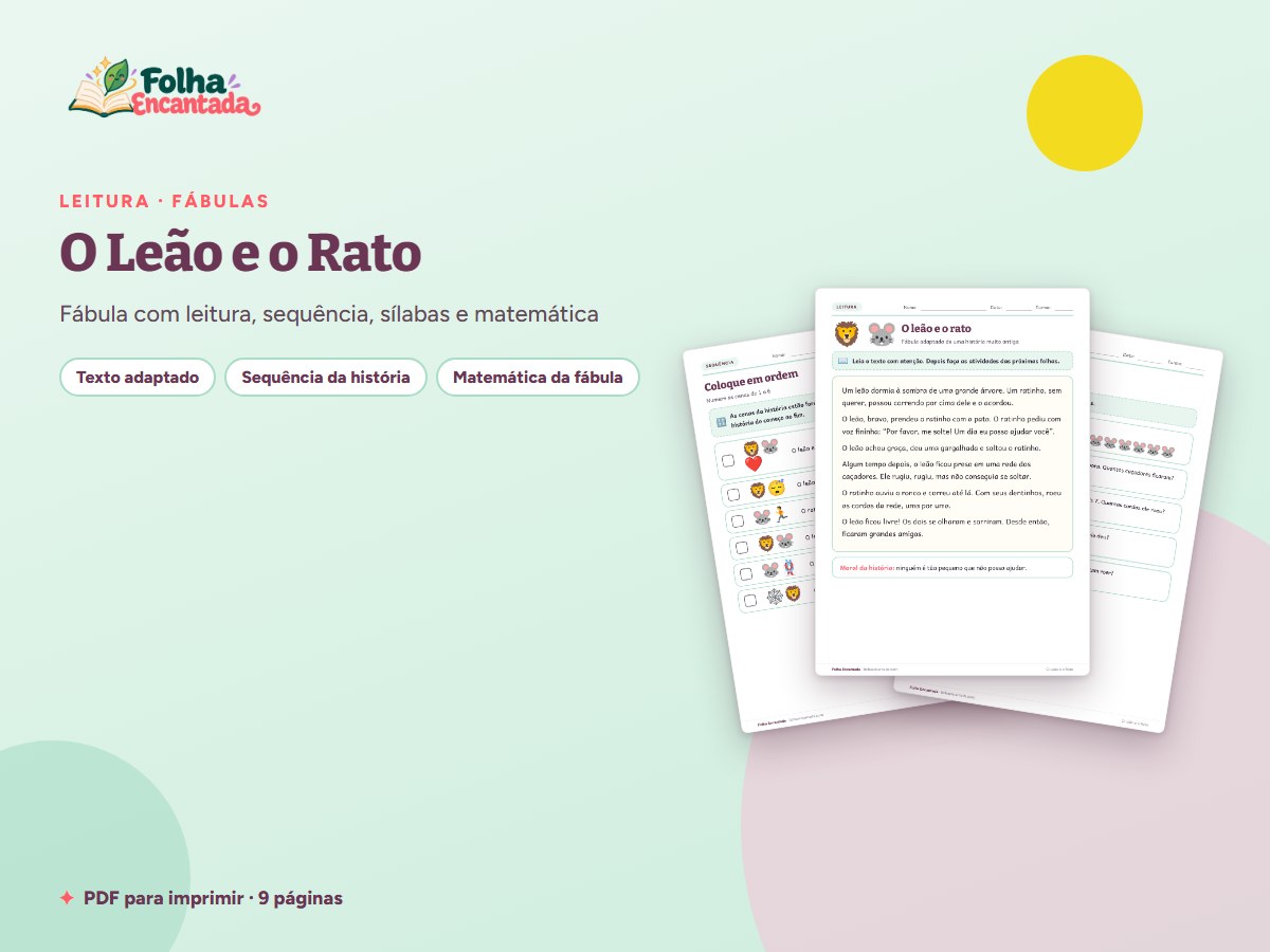 Capa da atividade O Leão e o Rato: Fábula com Atividades