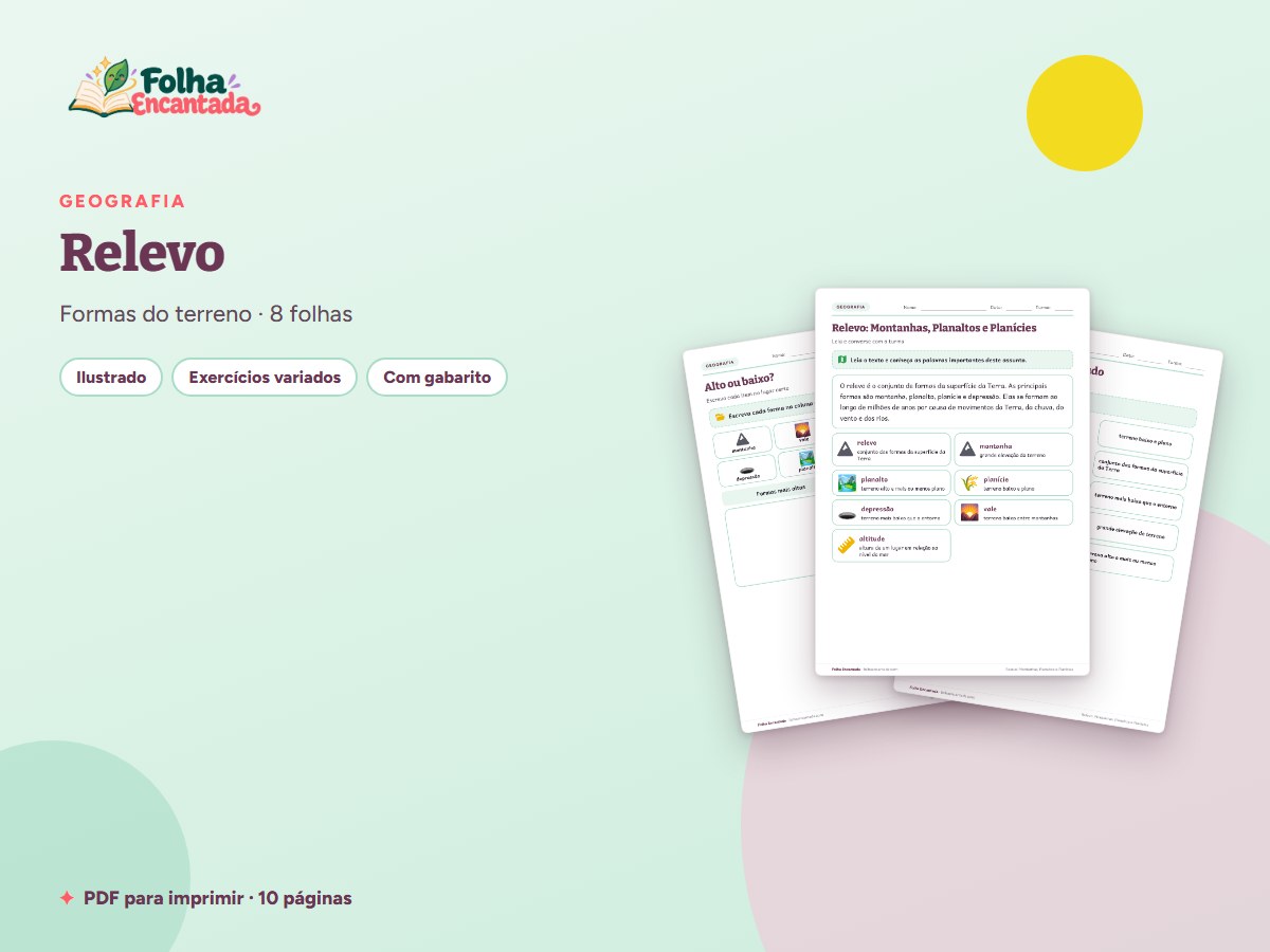 Capa da atividade Relevo: Montanhas, Planaltos e Planícies
