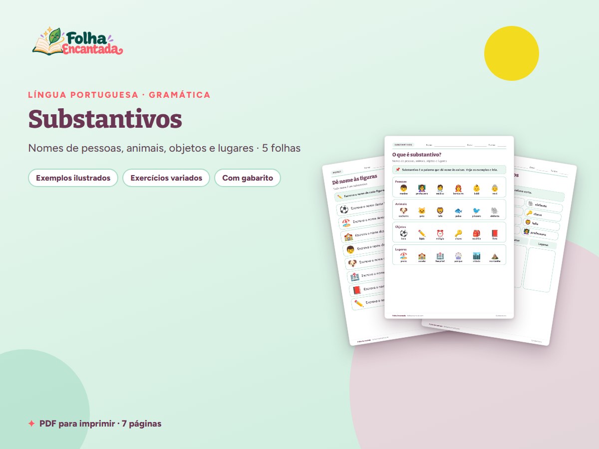Capa da atividade Substantivos: Nomes de Pessoas, Animais, Objetos e Lugares