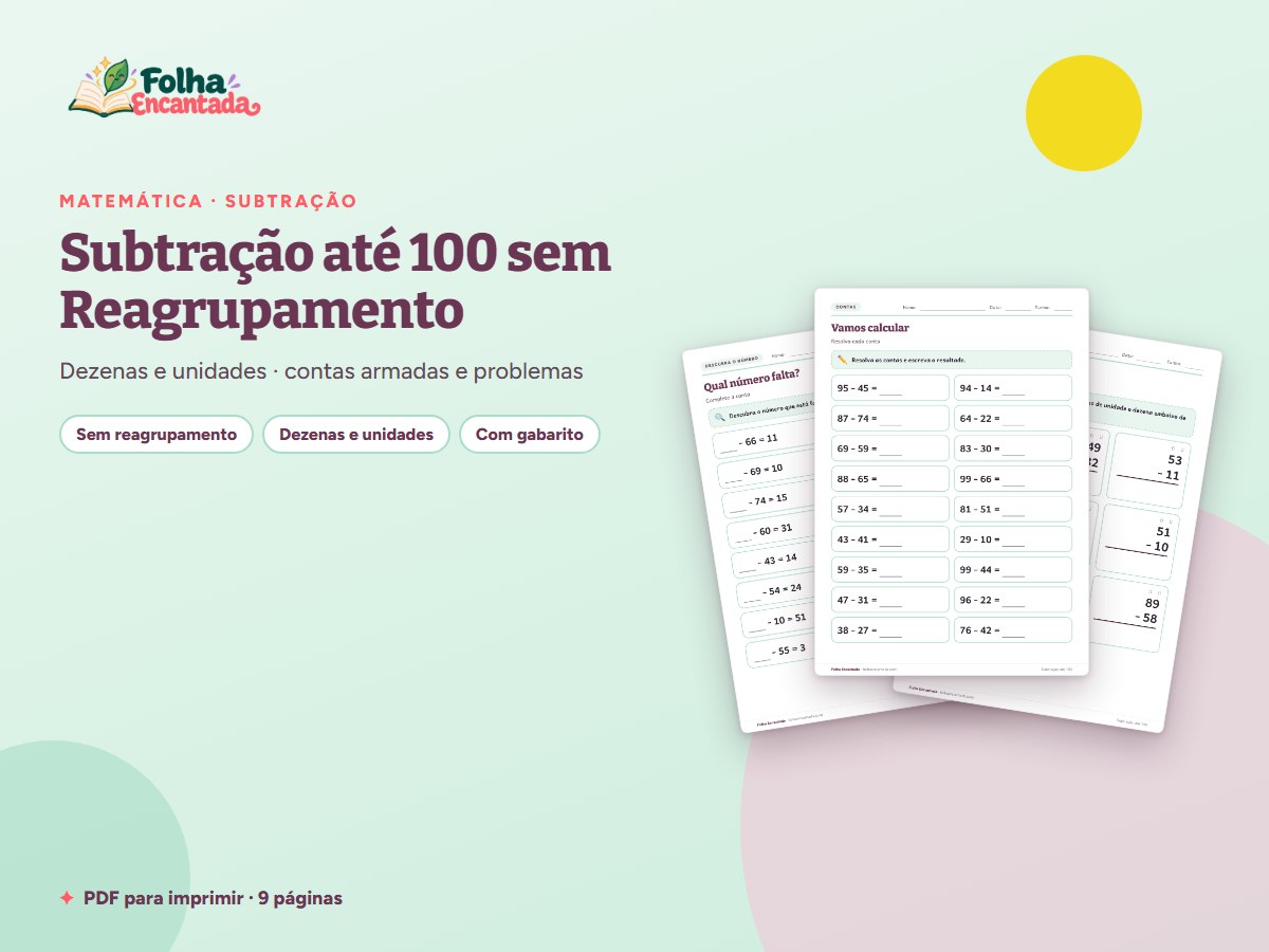 Capa da atividade Subtração até 100 sem Reagrupamento