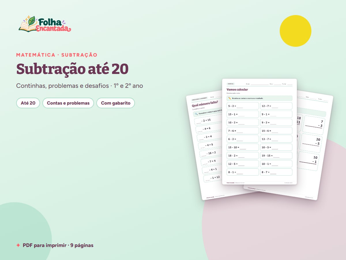 Capa da atividade Subtração até 20: Continhas e Problemas