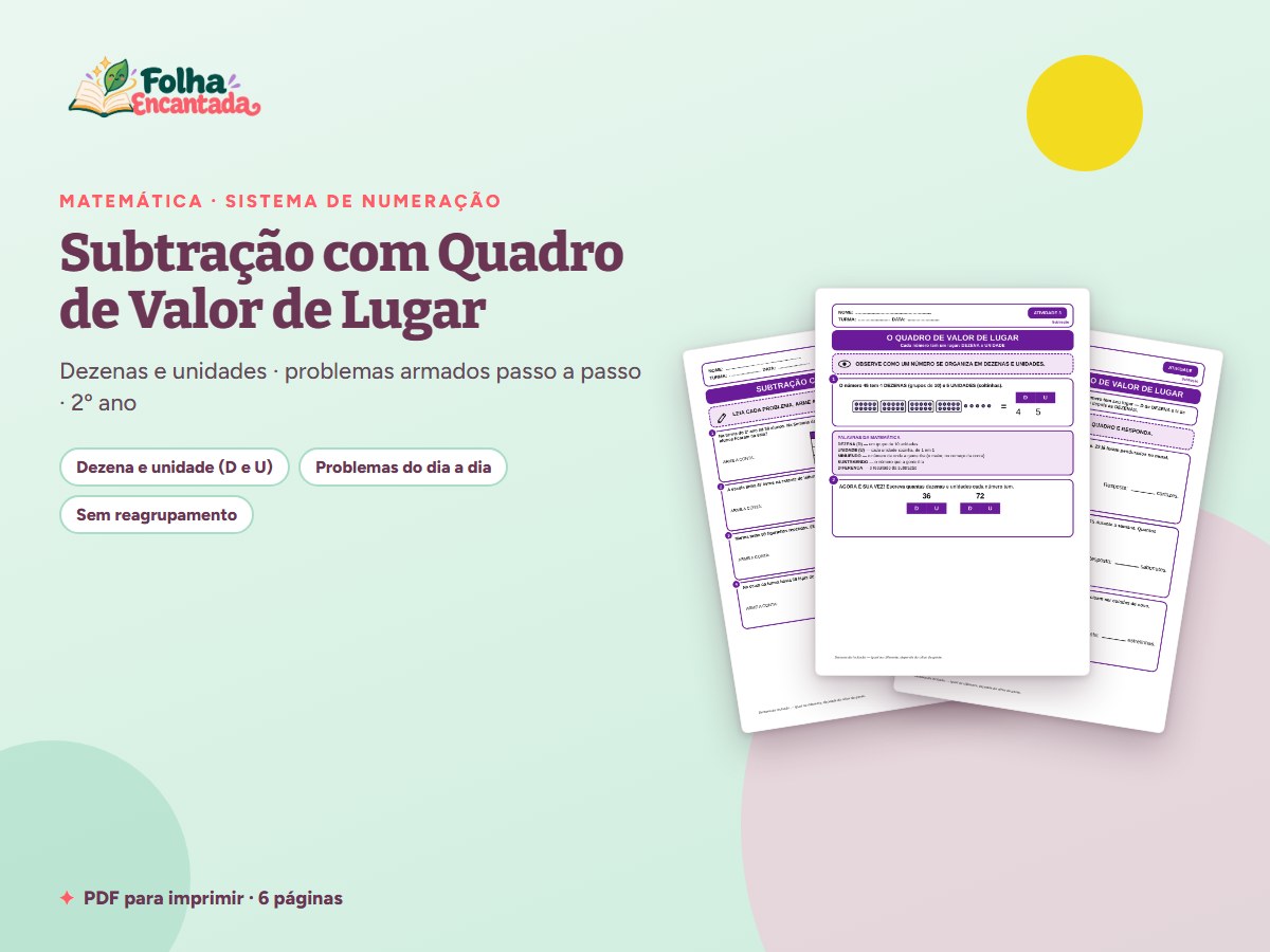 Capa da atividade Subtração com Quadro de Valor de Lugar para o 2º Ano