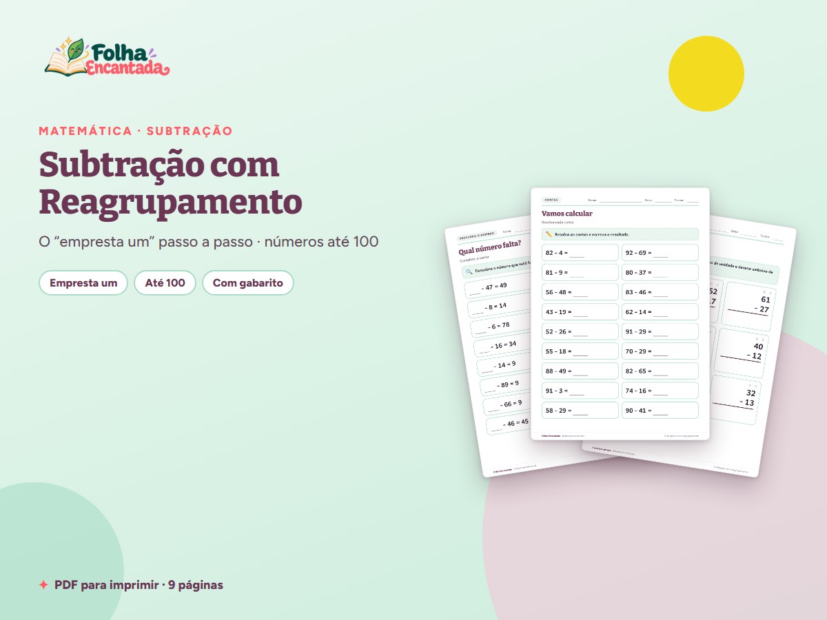 Capa da atividade Subtração com Reagrupamento (Empresta Um) até 100