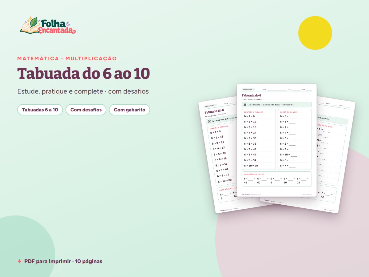 Capa da atividade Tabuada do 6, 7, 8, 9 e 10: Estude e Pratique